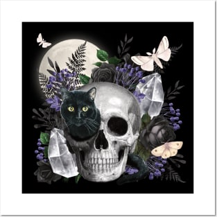 GOTHIC SKULL & BLACK CAT FULL MOON PEEK A BOO MAGIC Posters and Art